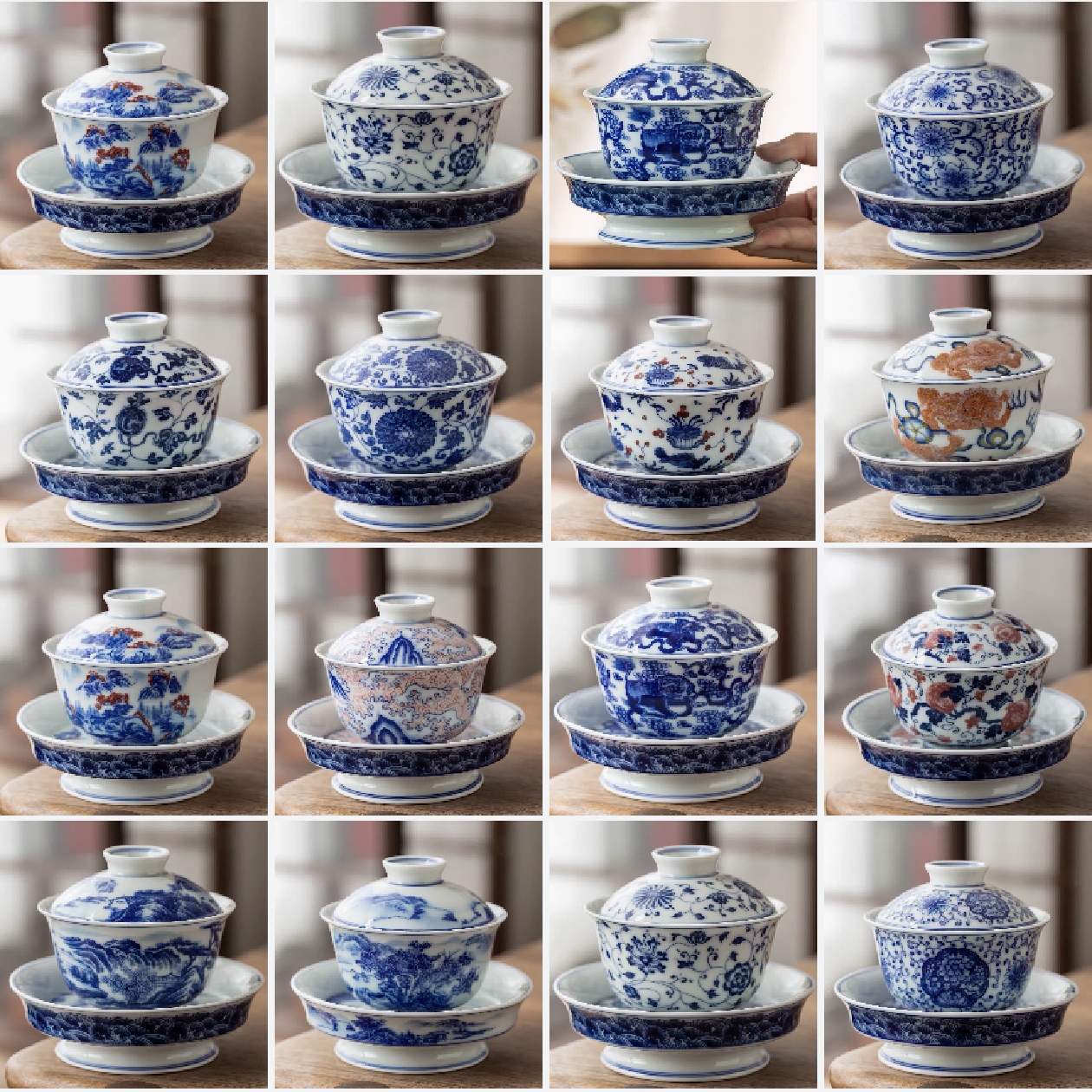 景德镇柴窑珍藏釉下青花瓷陶瓷茶具高足元宝大盖碗（200CC左右）
