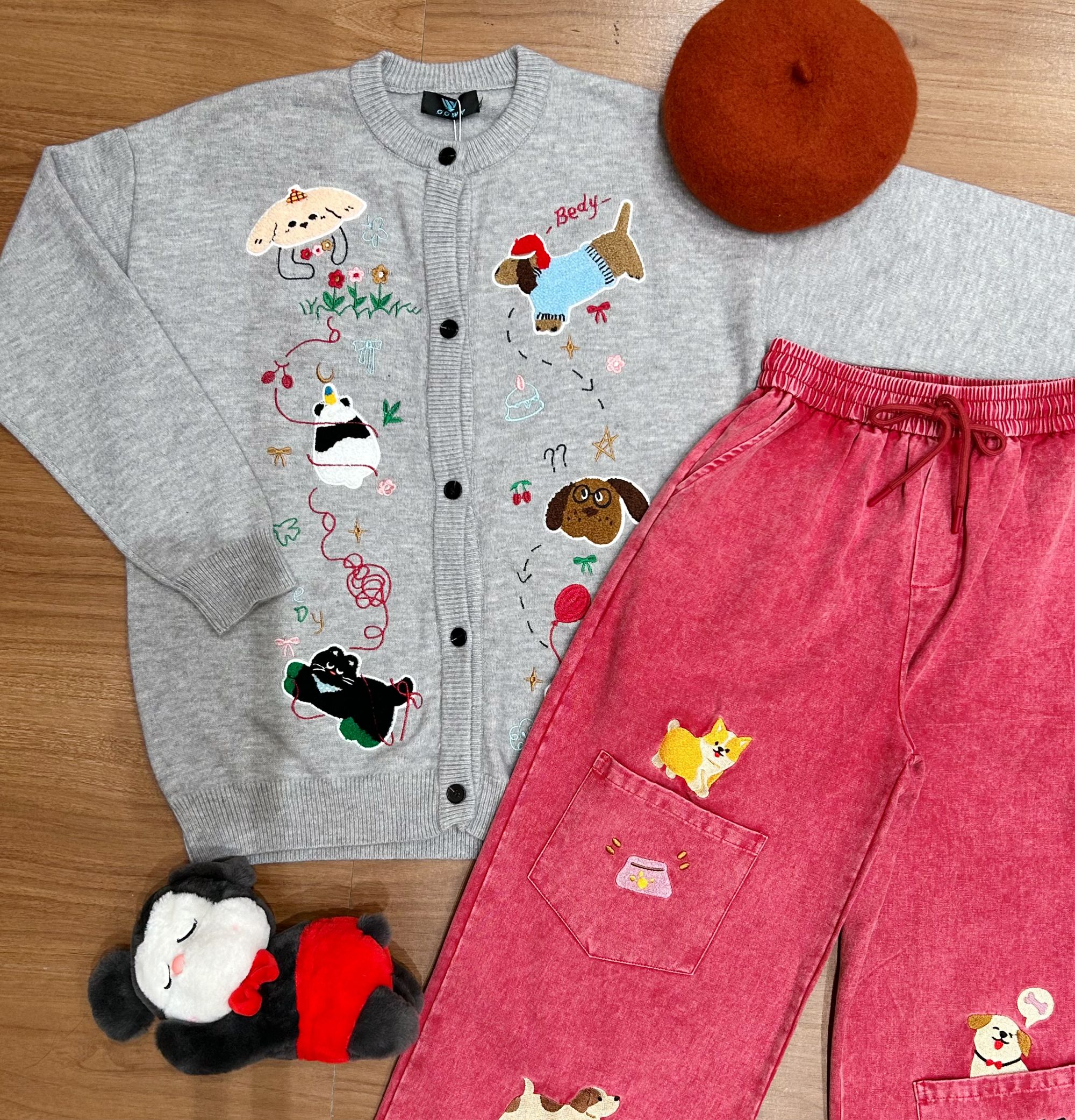 方块原创潮牌学院风复古小狗刺绣开衫针织毛衣秋冬慵懒风外套