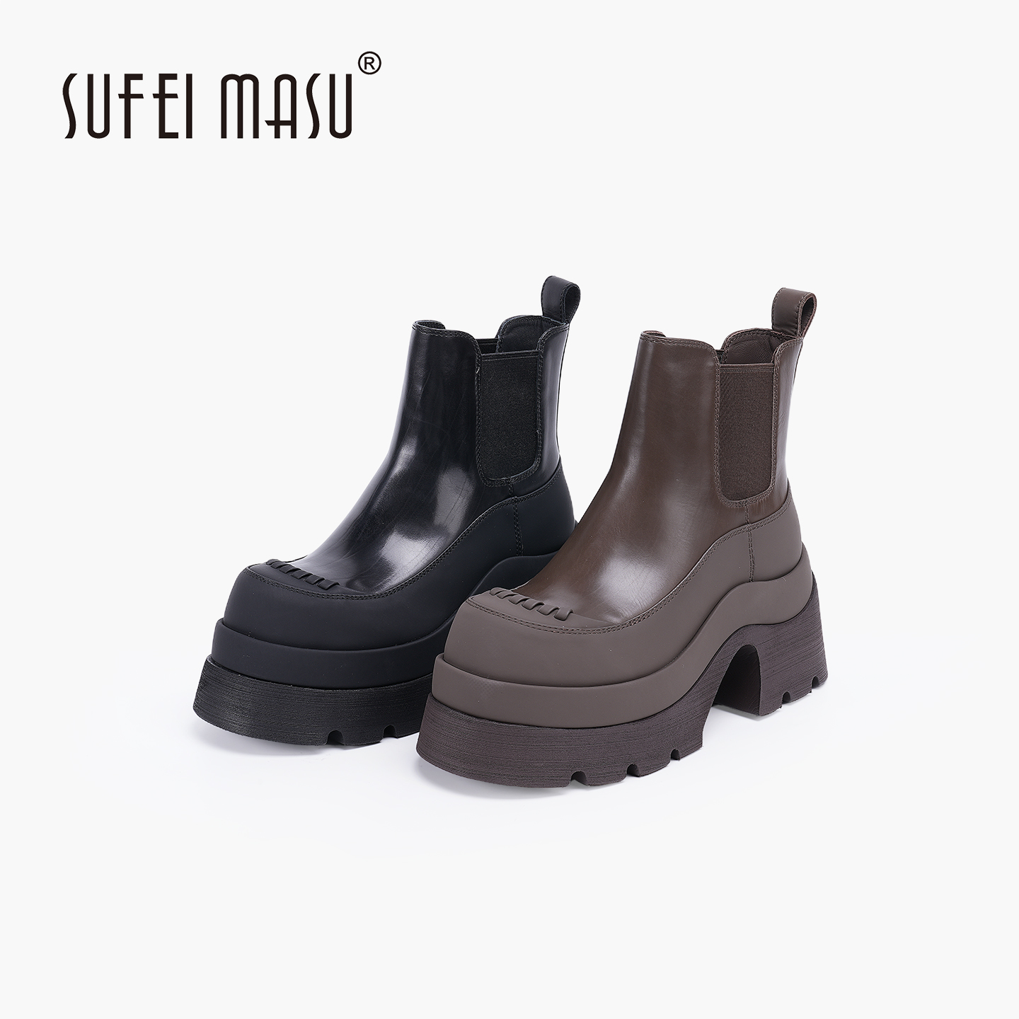 苏菲玛素真皮粗跟厚底圆头时尚百搭秋冬英伦风复古切尔西靴88806