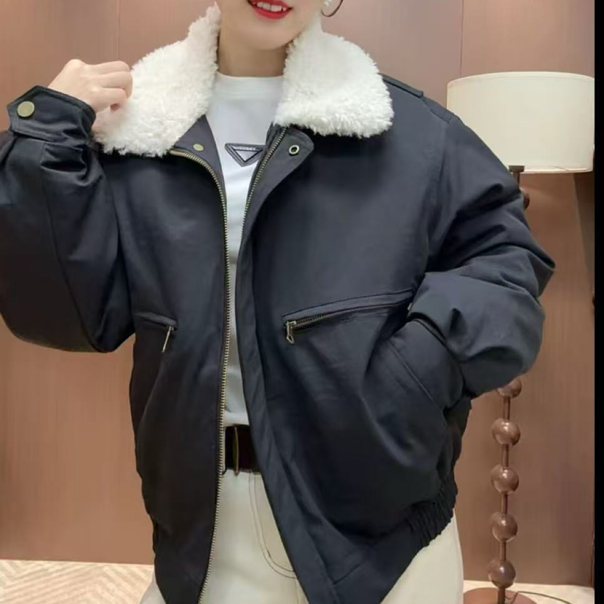 复古拼毛领保暖夹克棉服女大码宽松冬季显瘦加厚外套上衣棉衣6332