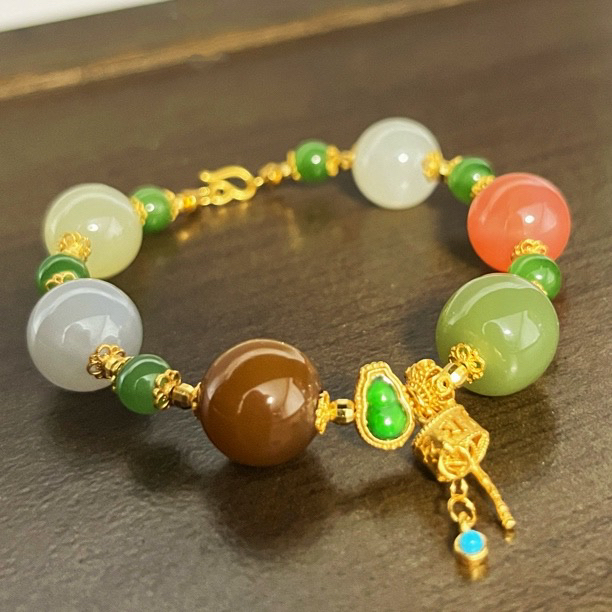 【知秋】和田玉卡12mm多宝手串s925银镶嵌多样性发一手工玉手串116