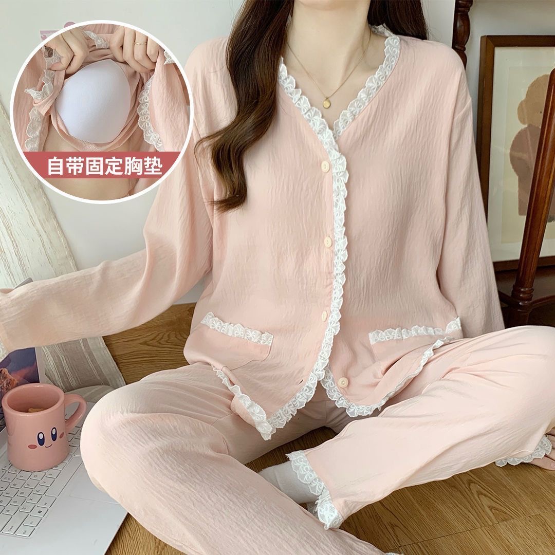 100%纯棉带胸垫睡衣女2025春秋新款长袖长裤秋冬可外穿家居服套装