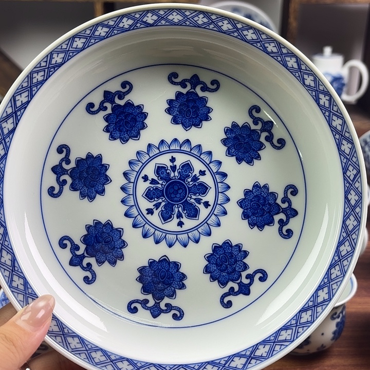 见燃柴窑青花莲花宝相纯手工中式缠枝茶盘