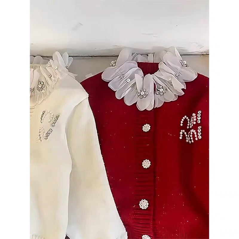 F054韩版女童长袖针织开衫中大童春季甜美蕾丝毛衣外搭