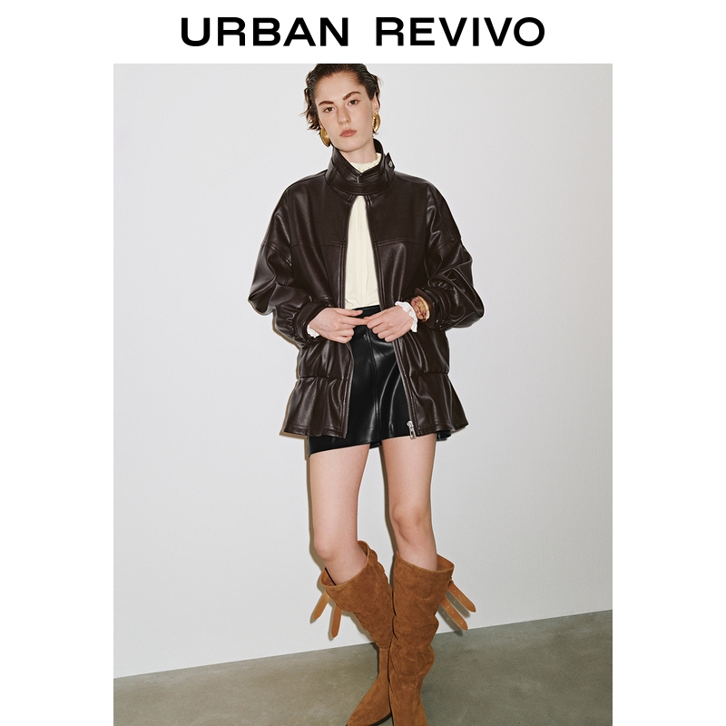 【秀场同款】UR2025秋季新款女装流光风拉链收褶PU外套UWG150106