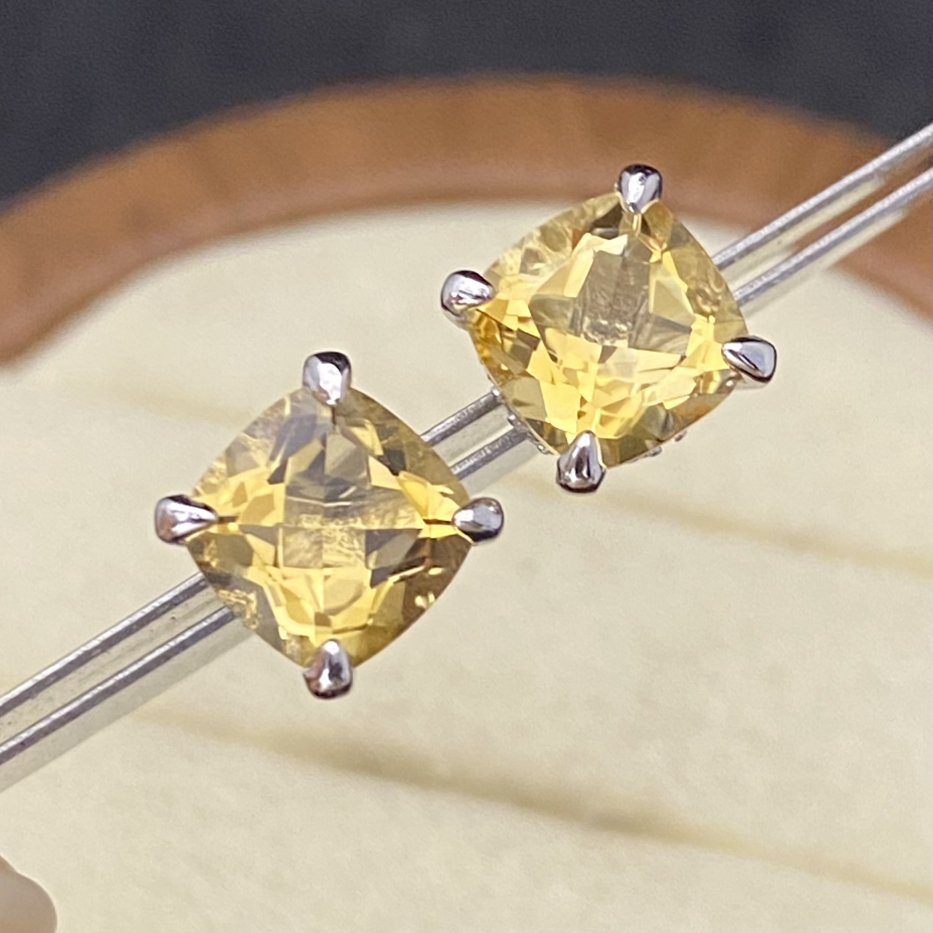 天然黄水晶耳钉s925银 主石8mm 方形经典简约大方气质时尚百搭
