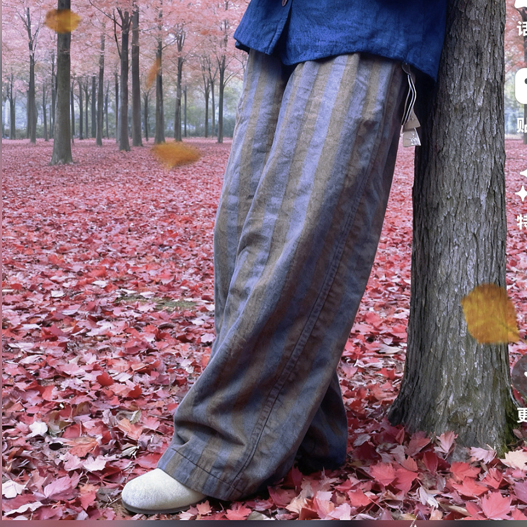依牧了然色织亚麻咖条夹棉多拼复古文艺百搭保暖直筒休闲长棉裤