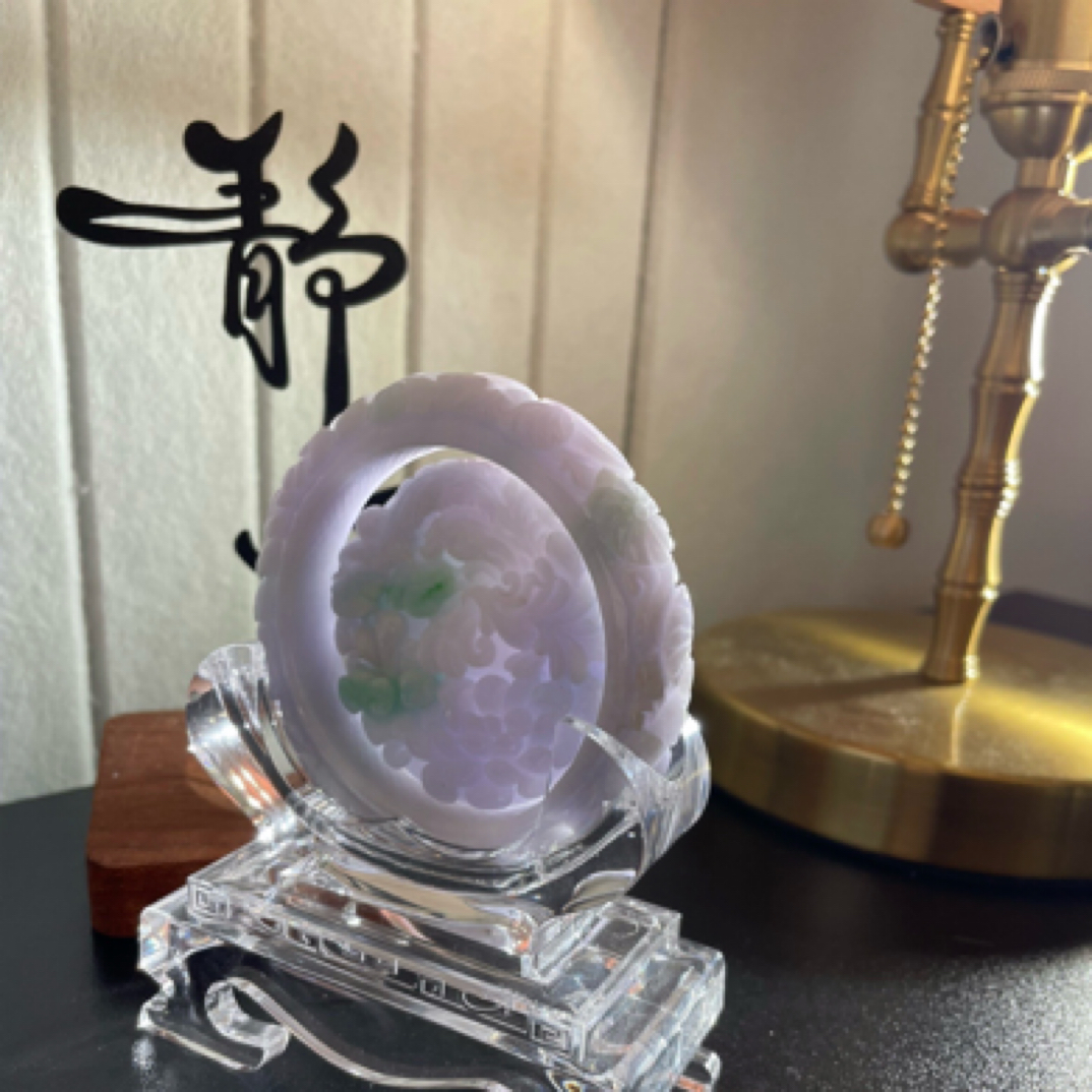 翡翠套准 （55.5）带链 凤穿牡丹 春彩 国风 手工雕刻 镯子 手镯