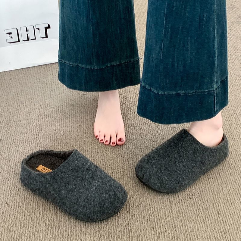厚底毛呢加绒勃肯鞋女一脚蹬毛毛拖鞋外穿2025秋冬新款包头棉拖鞋