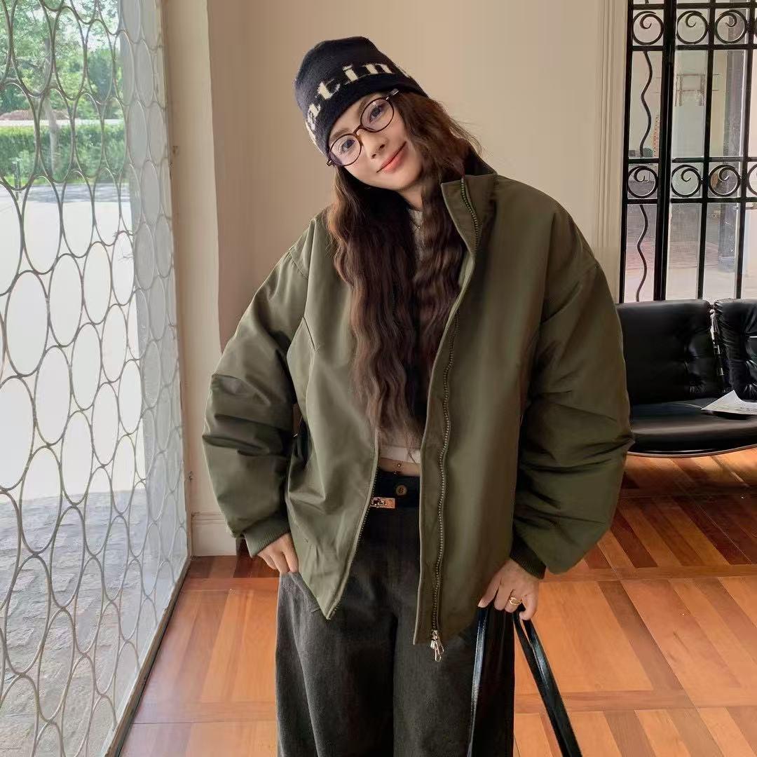 美式立领短款夹棉加厚棒球服女秋冬季宽松大码款