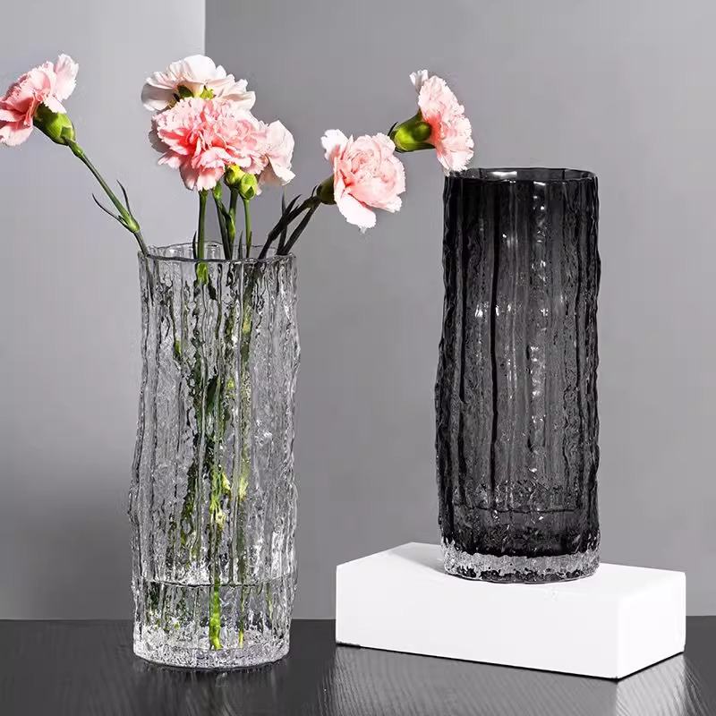 ins风冰川玻璃花瓶插花透明轻奢高档水养玫瑰鲜花富贵竹装饰摆件