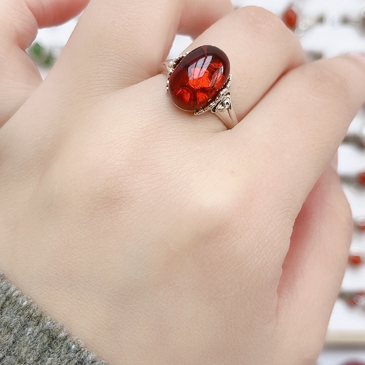 血珀戒指银S925镶嵌天然