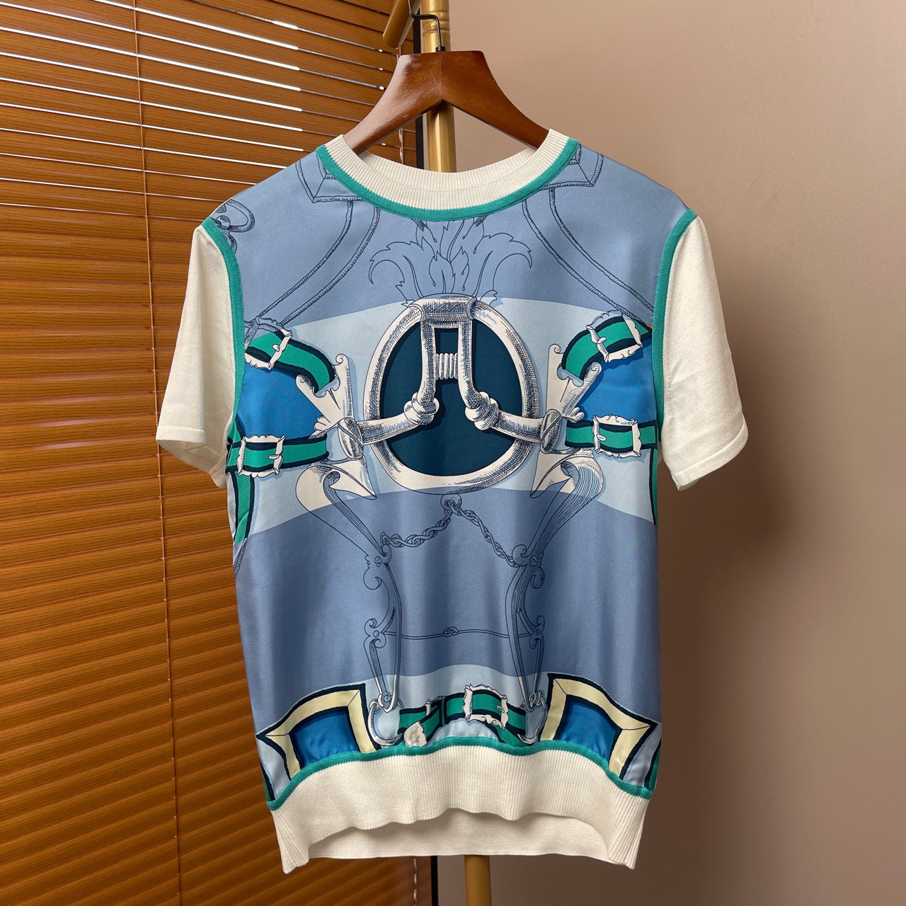 99新 Hermes/爱马仕 印花拼接白色针织短袖T恤上衣/34码/SI501682