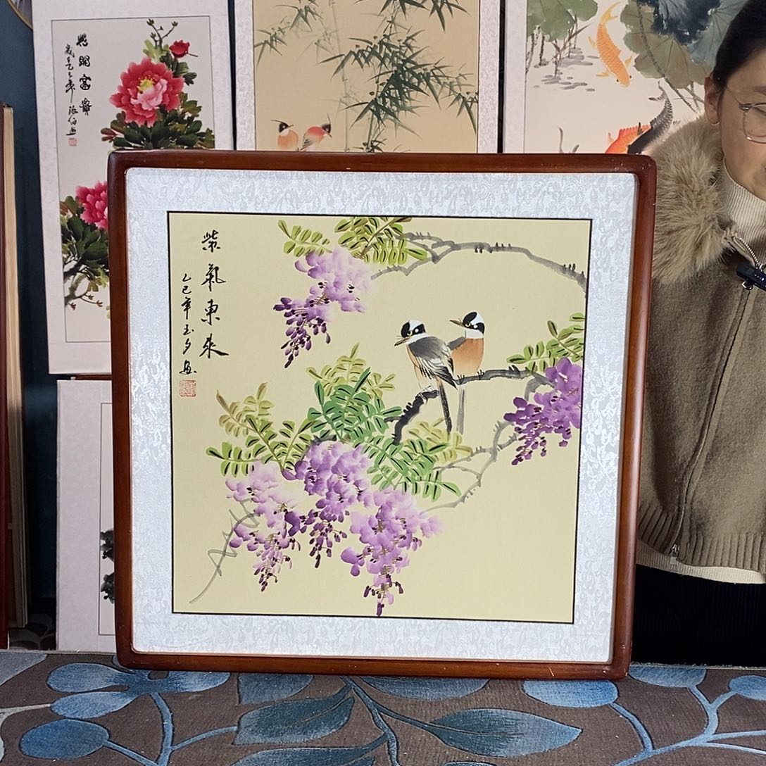 国画手写手绘带框包邮国画作品62✖️62