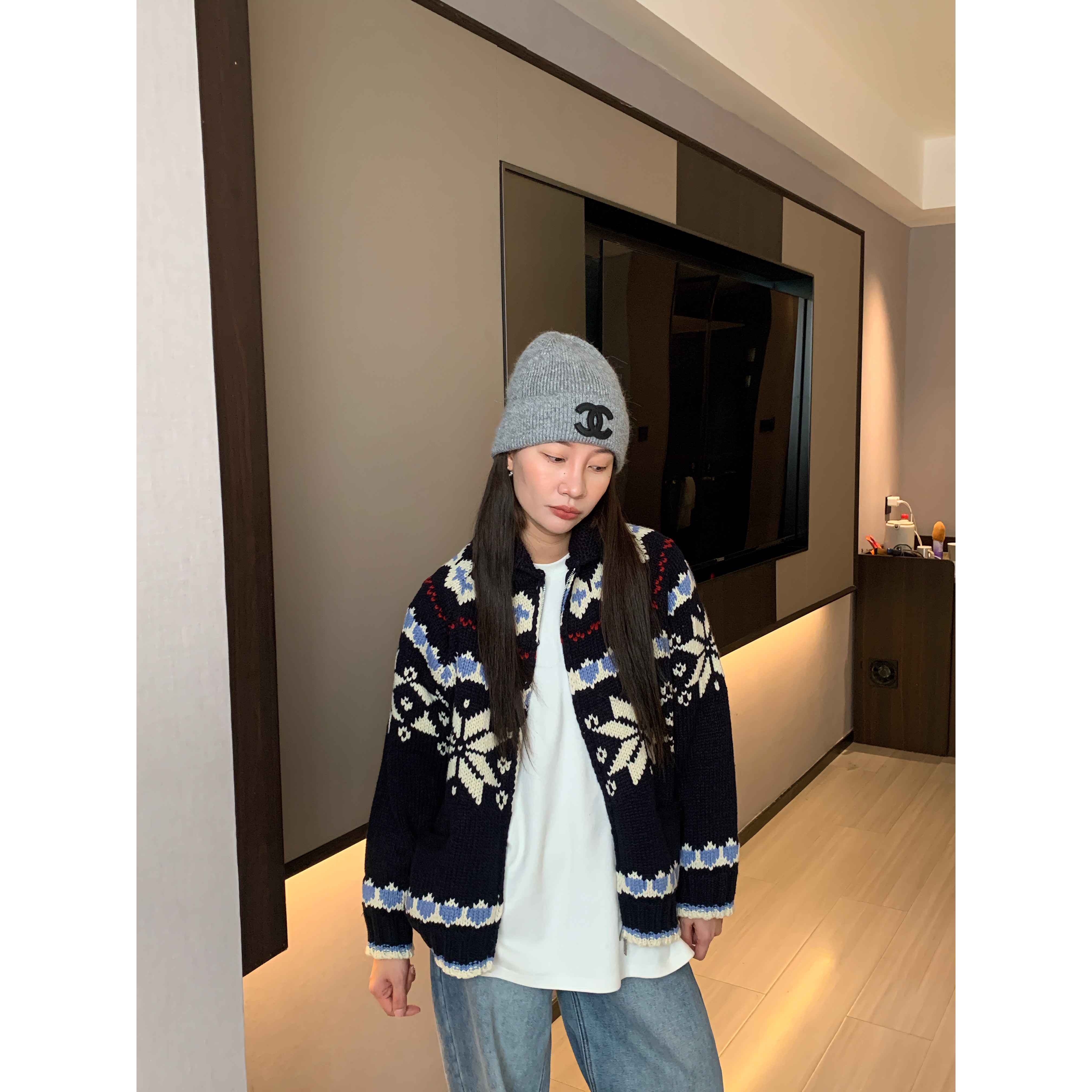 ONNI韩系撞色提花费尔岛毛衣外套小众复古翻领拉链针织开衫#3088