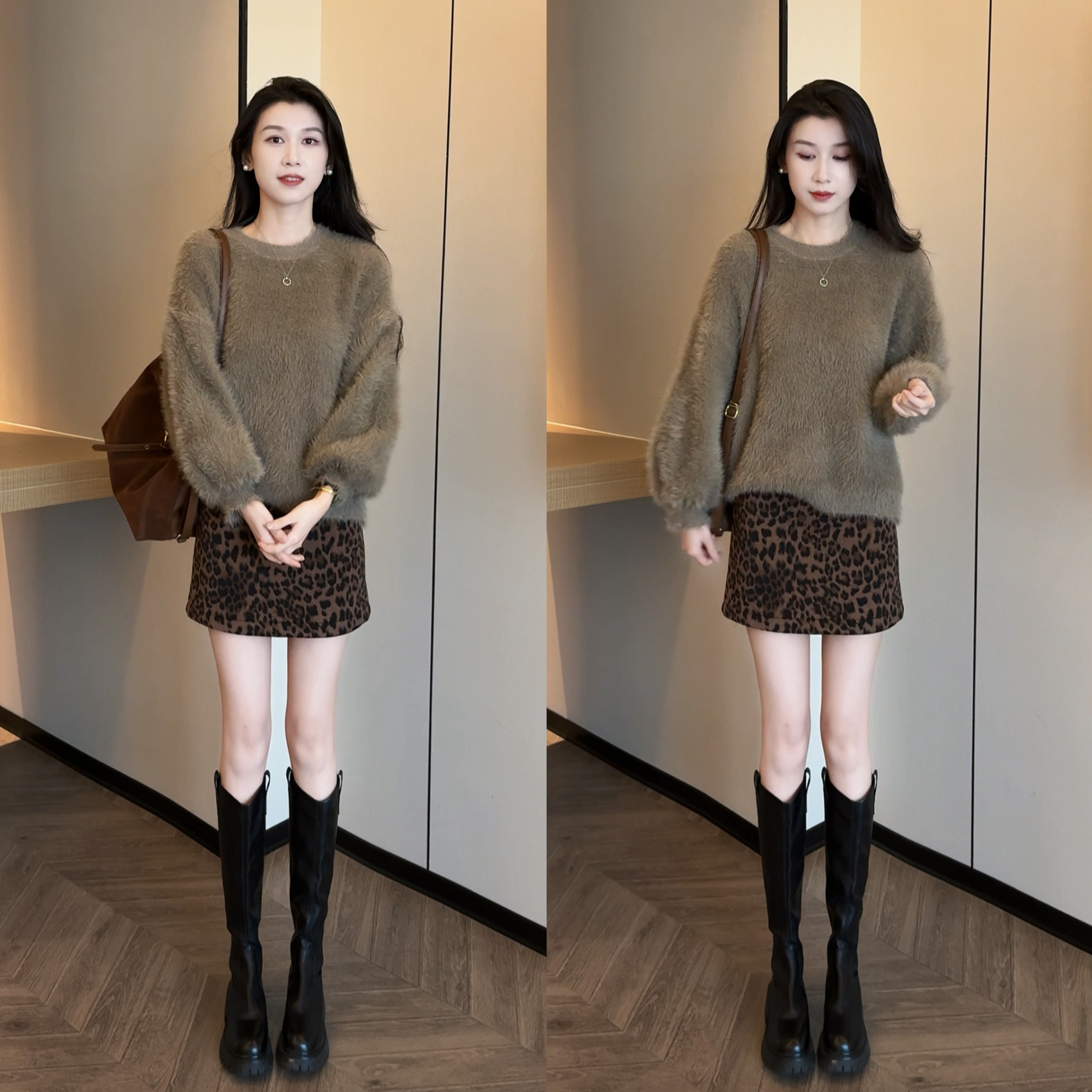 韩系新款慵懒风复古毛衣针织上女搭豹纹半身裙子秋冬时尚套装