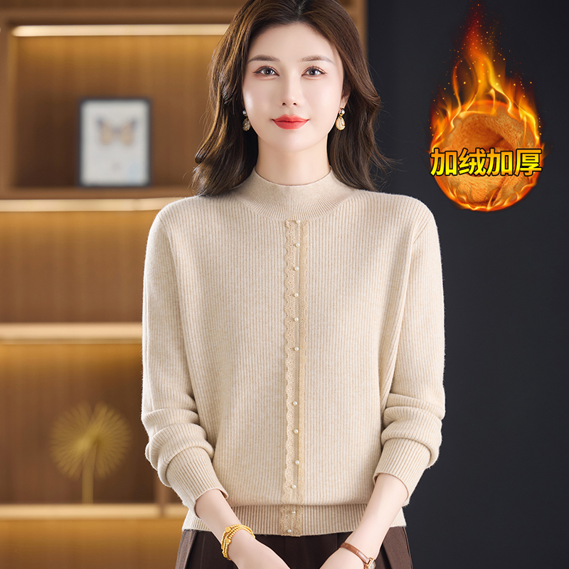 中老年女装冬季半高领百搭针织衫妈妈冬装加绒保暖一体绒加厚毛衣