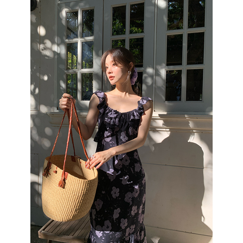 法式复古优雅气质方领碎花连衣裙女C3018