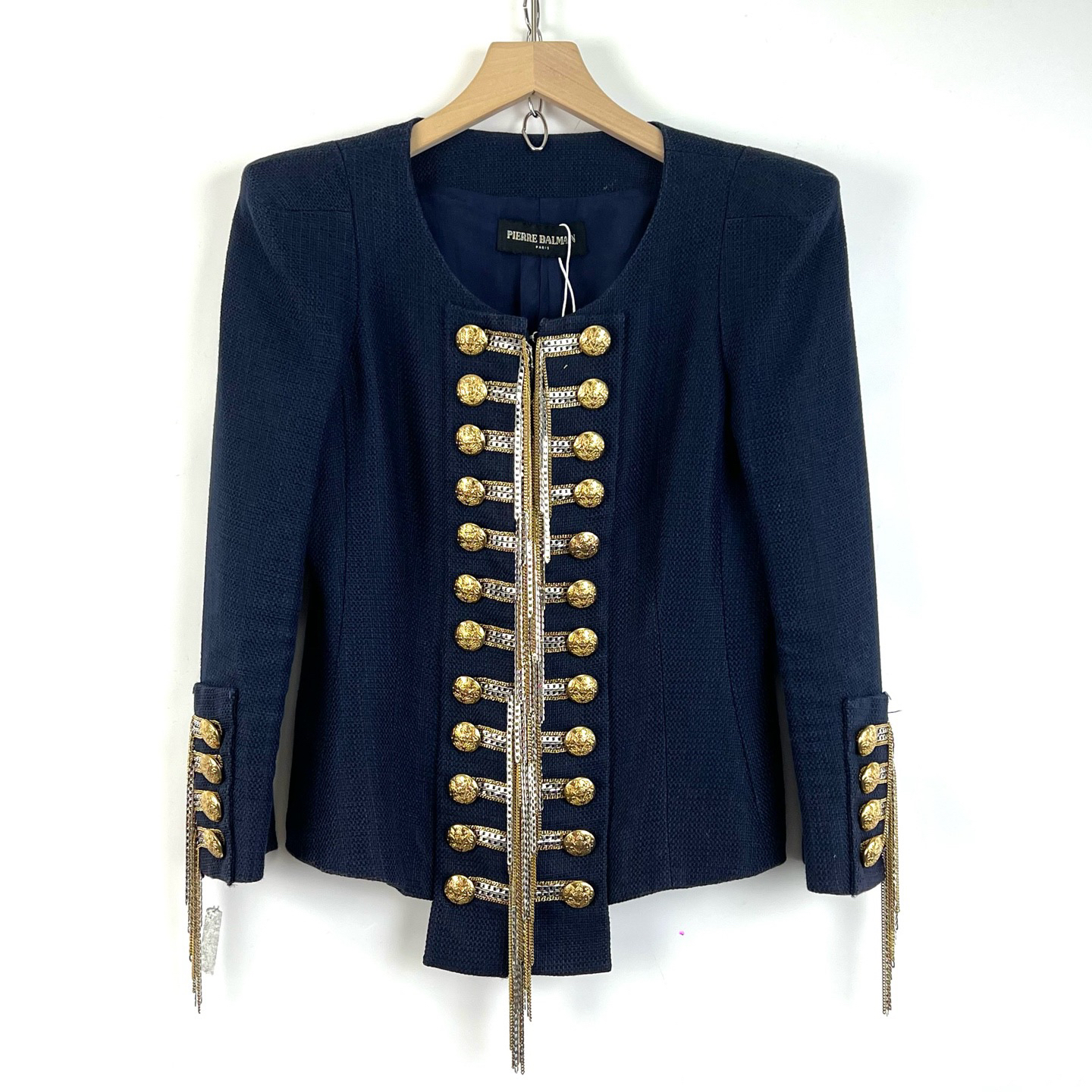 95新 BALMAIN/巴尔曼 36码/深蓝色重工金属流苏扣外套/如图/07240