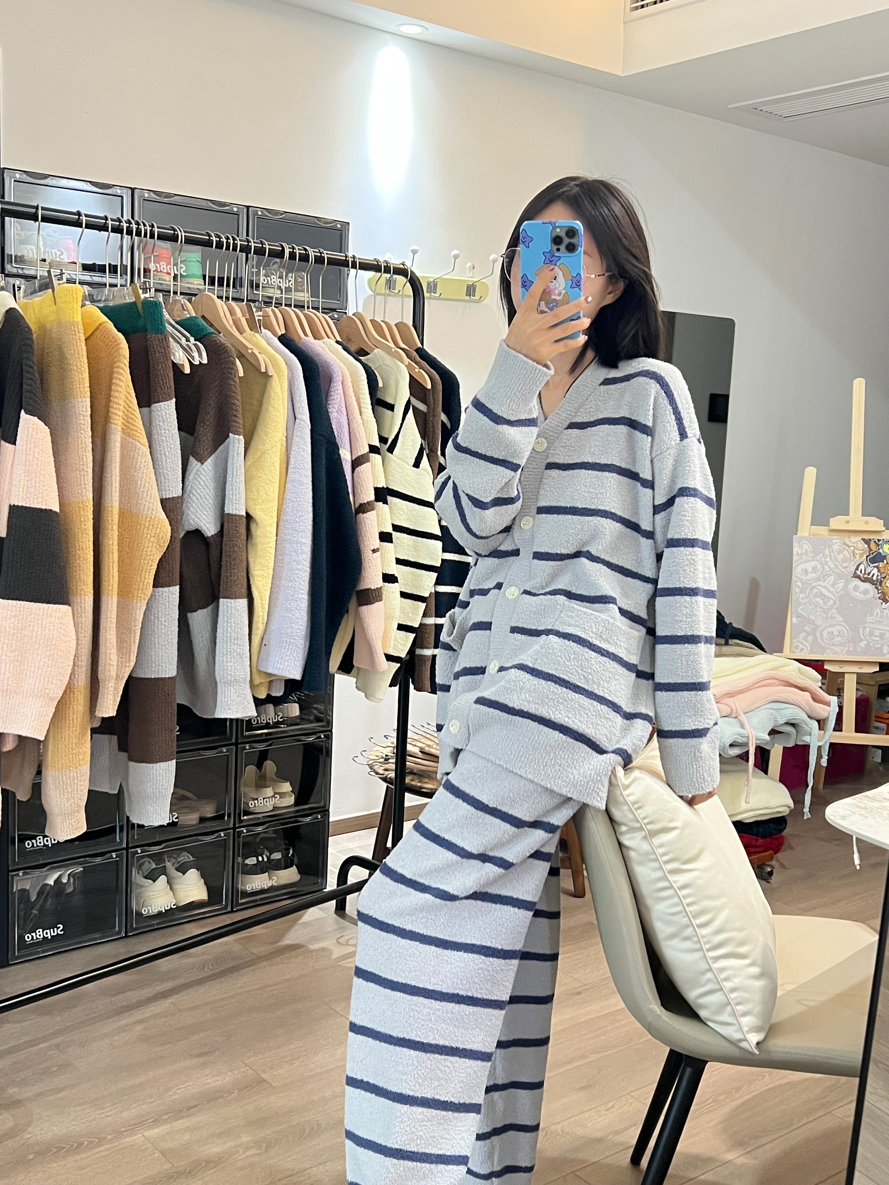 秋冬新款条纹V领开衫半边绒睡衣可外穿情侣保暖居家服套装1310