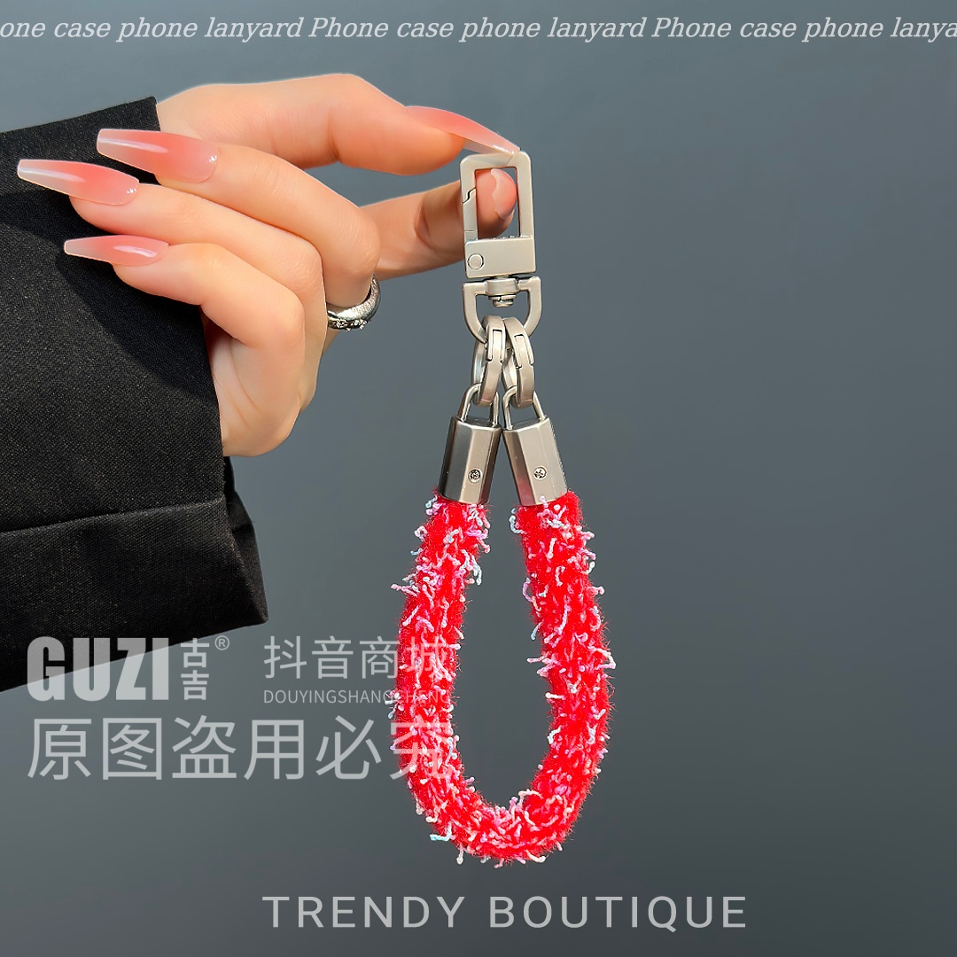 秋冬毛绒短款手机挂绳防丢便携通用钥匙扣可爱挂饰女合金扣手机链