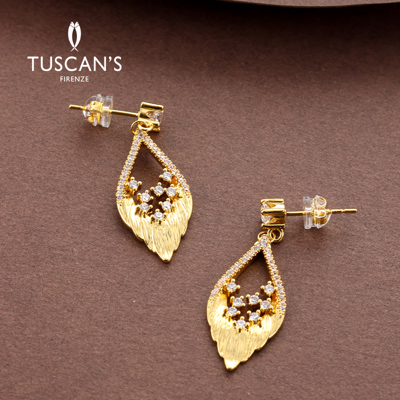 TUSCAN'S 铜合金合成锆石耳饰 气质百搭新中式拉丝羽毛耳钉时代