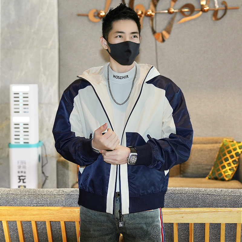 2025早春新款潮流蓝白拼色立体夹克男士时尚休闲连帽拉链运动外套