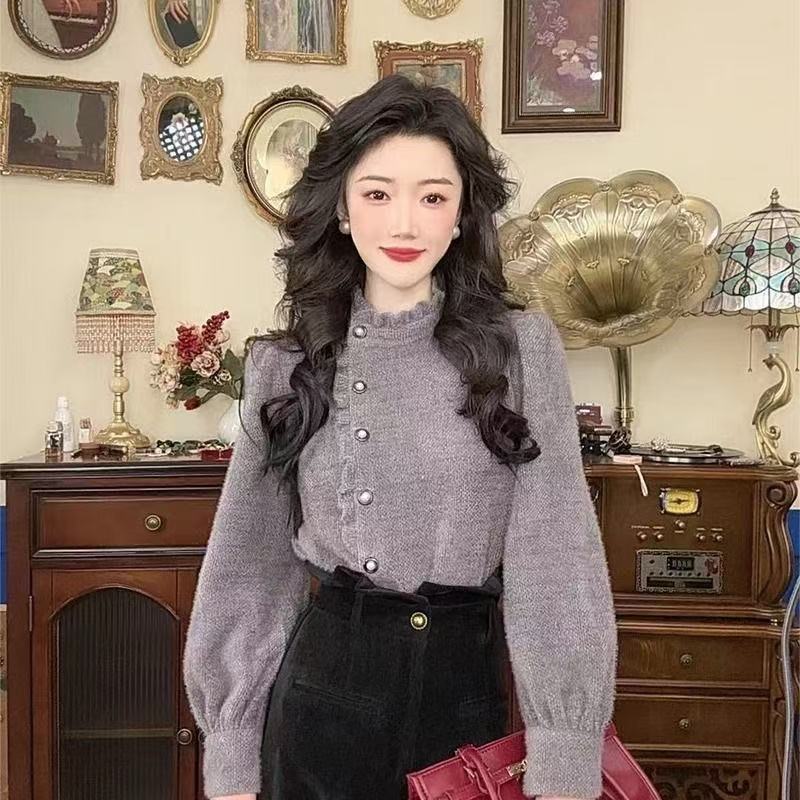 冬季穿搭斜襟精致木耳边衬衫女秋冬加厚内搭长袖衬衣复古港风上衣