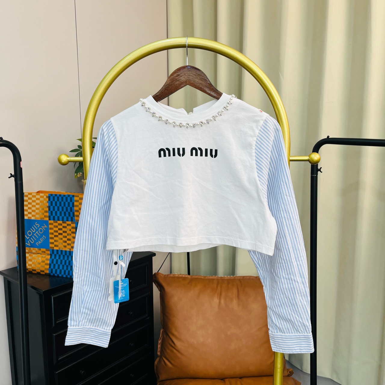 99新 MIU MIU/缪缪  白色格纹水钻长袖 S码 99新/1