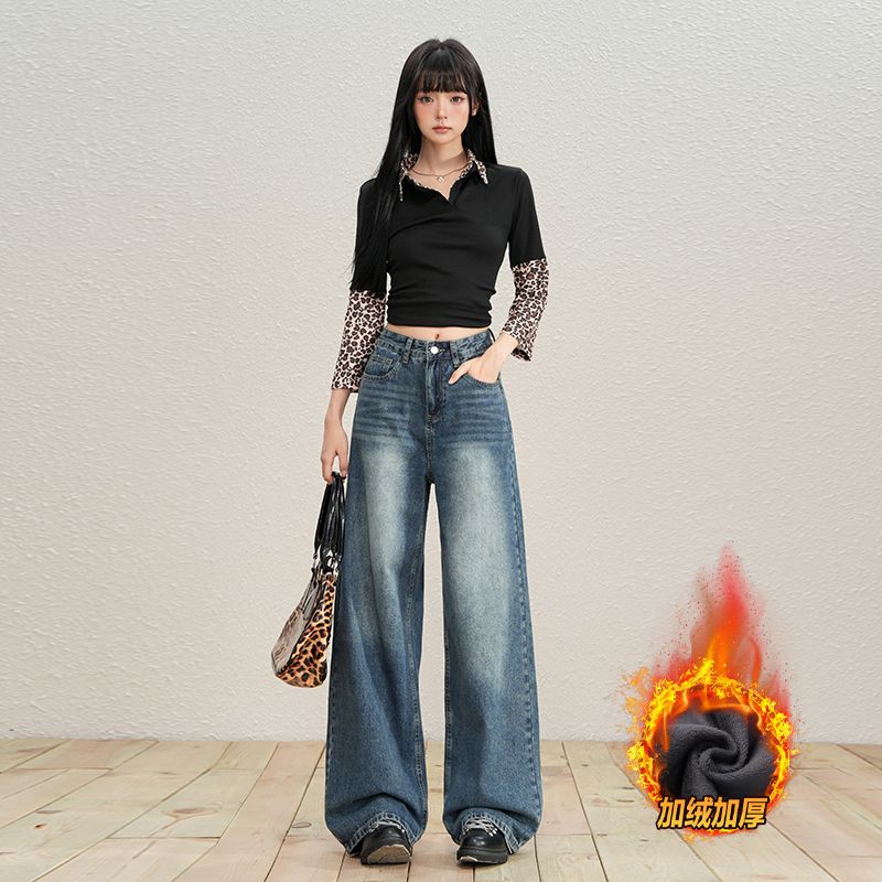 复古高腰阔腿牛仔裤女2025冬季新款加绒加厚宽松显瘦直筒拖地裤子