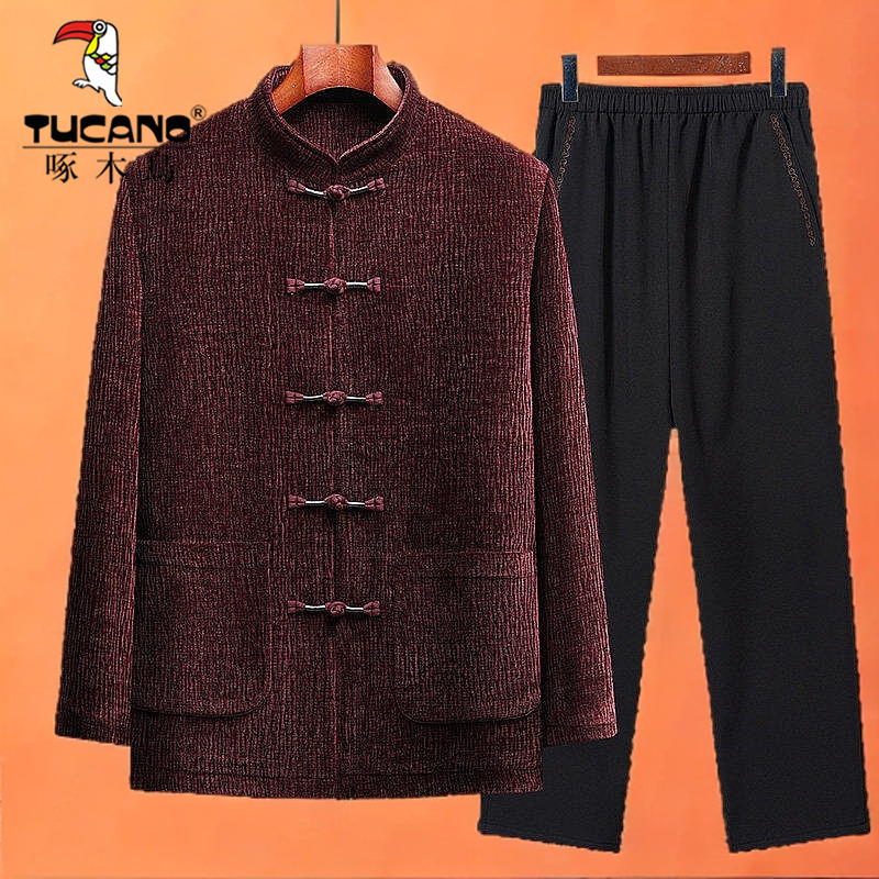 啄木鸟秋冬季男士唐装中国风中式盘扣外套立领老年休闲爸爸爷爷装