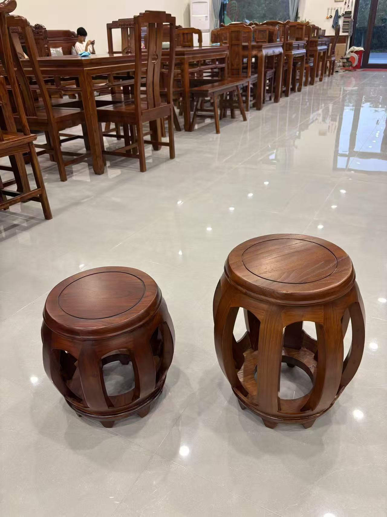 北方榆木全榫卯结构鼓凳家用餐桌圆凳高45cm35cm 木纹清晰