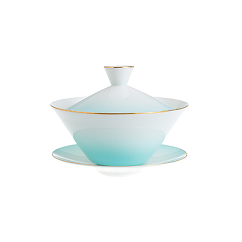 瑞美九韵120ml天青色渐变功夫茶具瓷盖碗中式高级感茶道描金盖碗