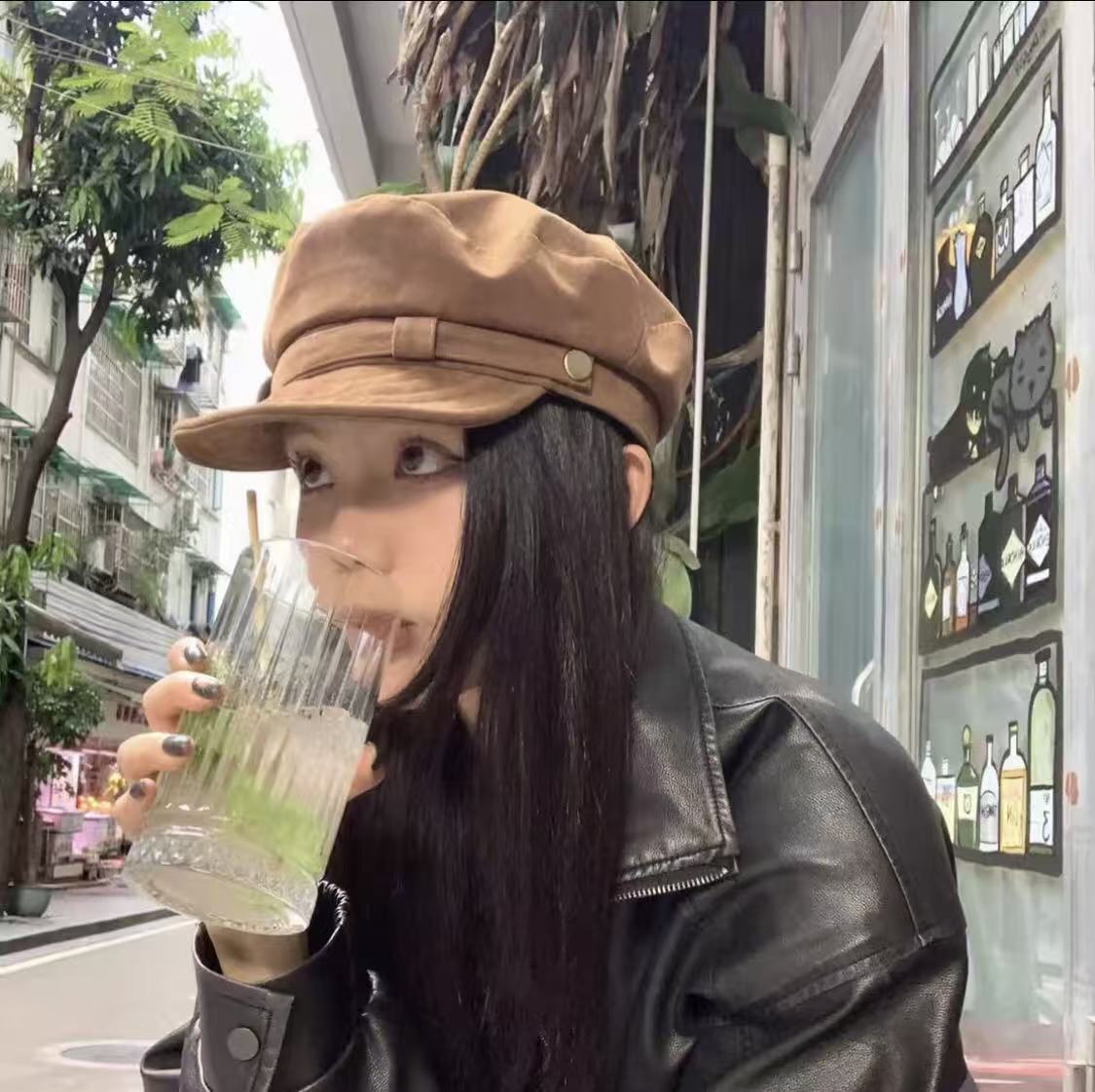 高品质韩版博主穿搭新款翻毛皮前进帽休闲百搭平顶画家贝雷帽子女