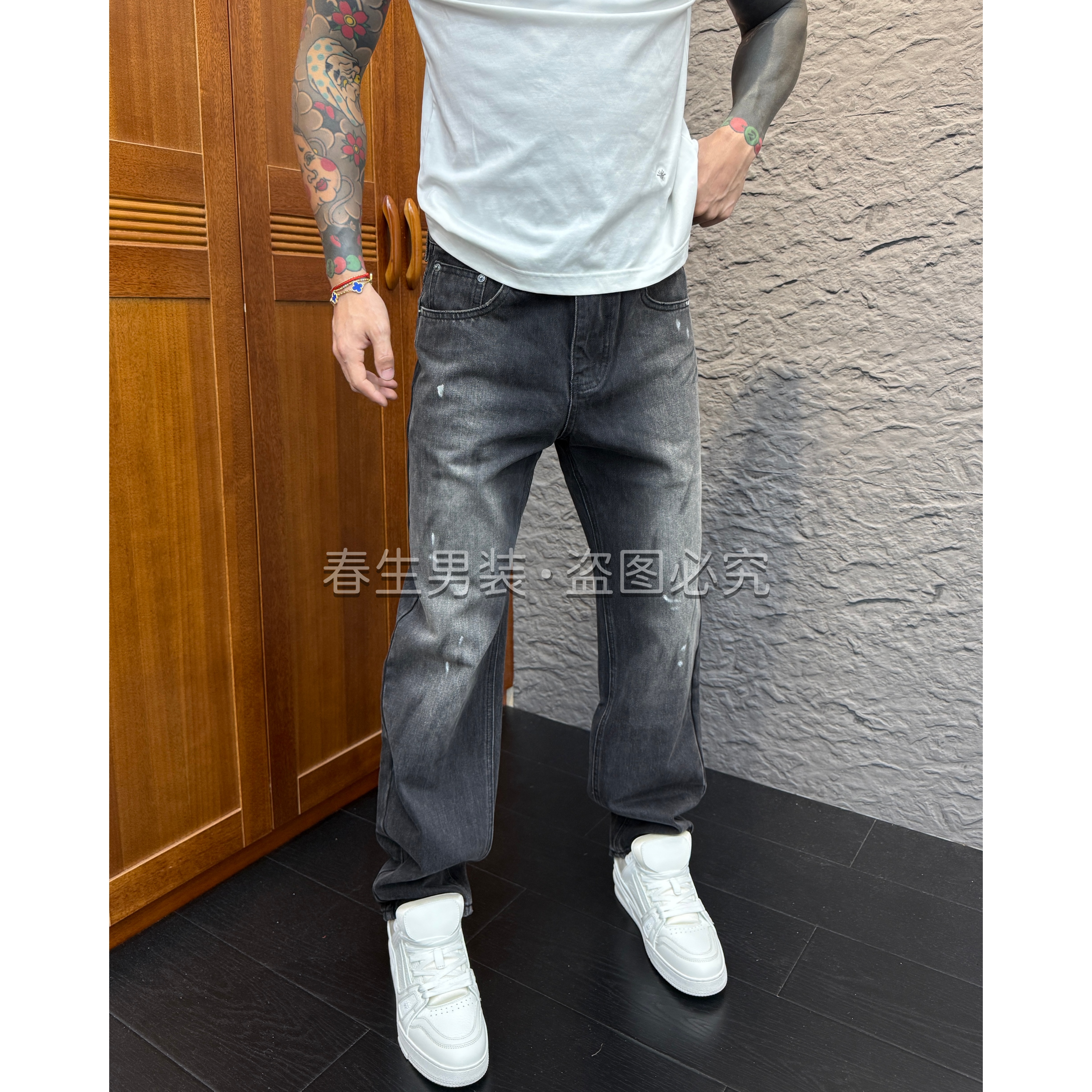 2025早秋新款休闲百搭净版泼墨黑灰色渐变直筒宽松男士牛仔裤3039