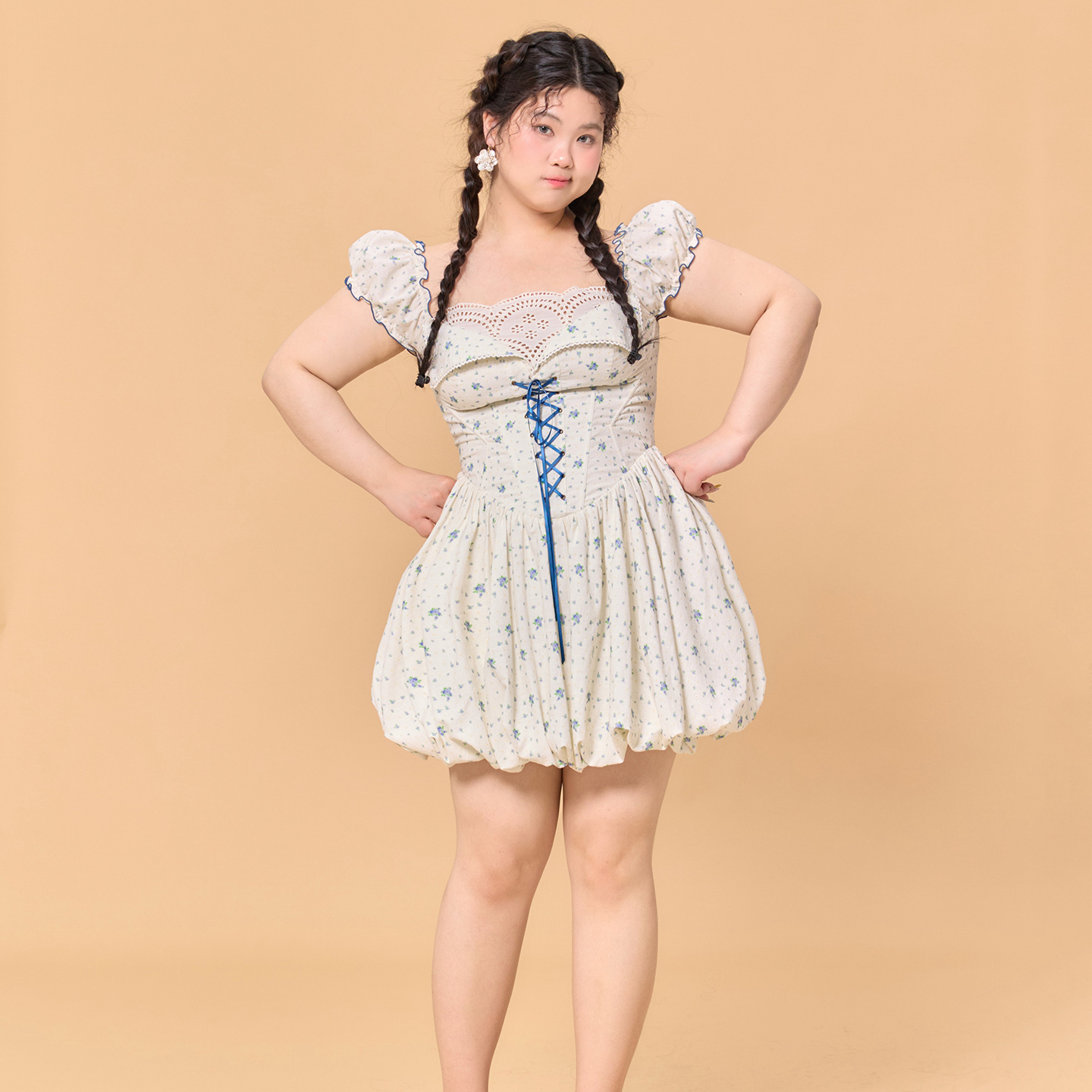 LaceMade大码女装 蓝莓果罐 田园碎花大码短款连衣裙法式花苞裙女