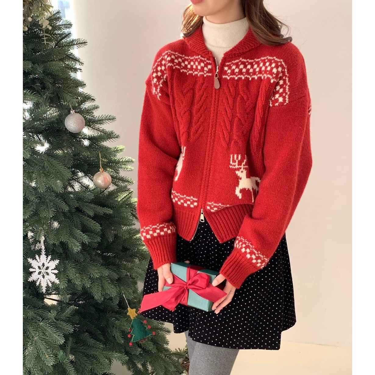 【麋鹿提花肌理毛衣外套】麋鹿提花半拉链翻领针织开衫001