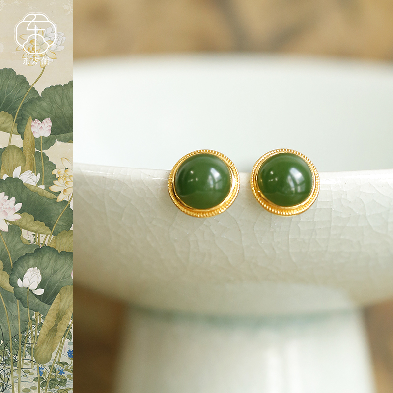 东方俪DOFUNLY【南枝】和田玉圆形18K金设计款耳钉BYED川骛