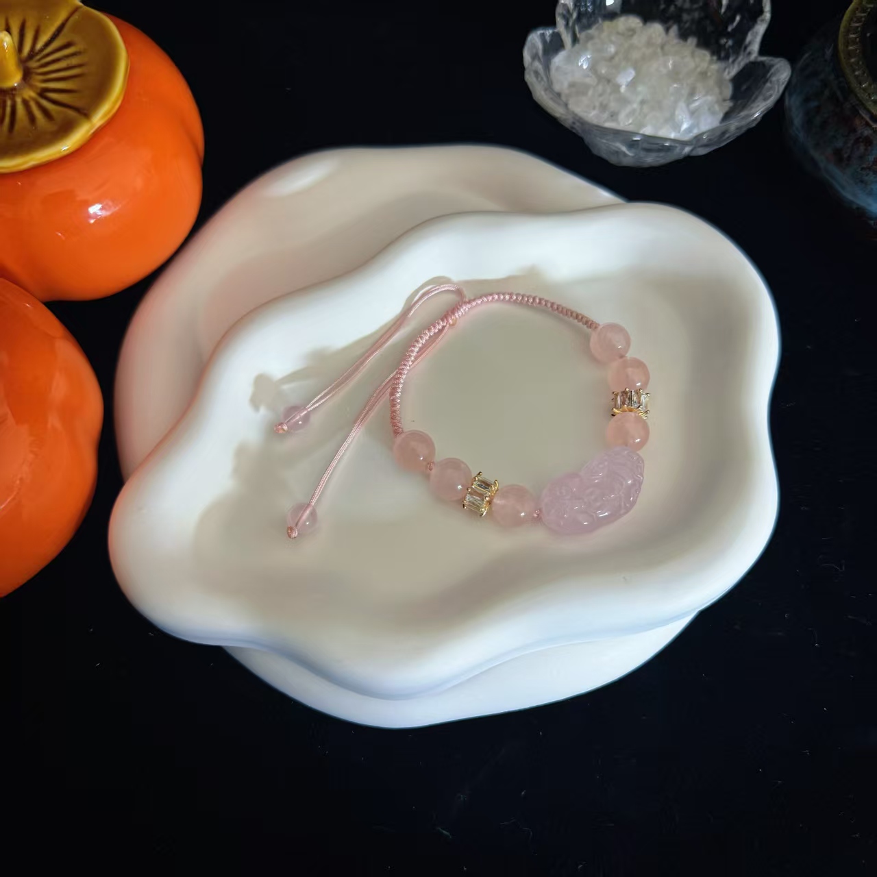 天然粉水晶貔貅手链粉色系女生款桃花招米款