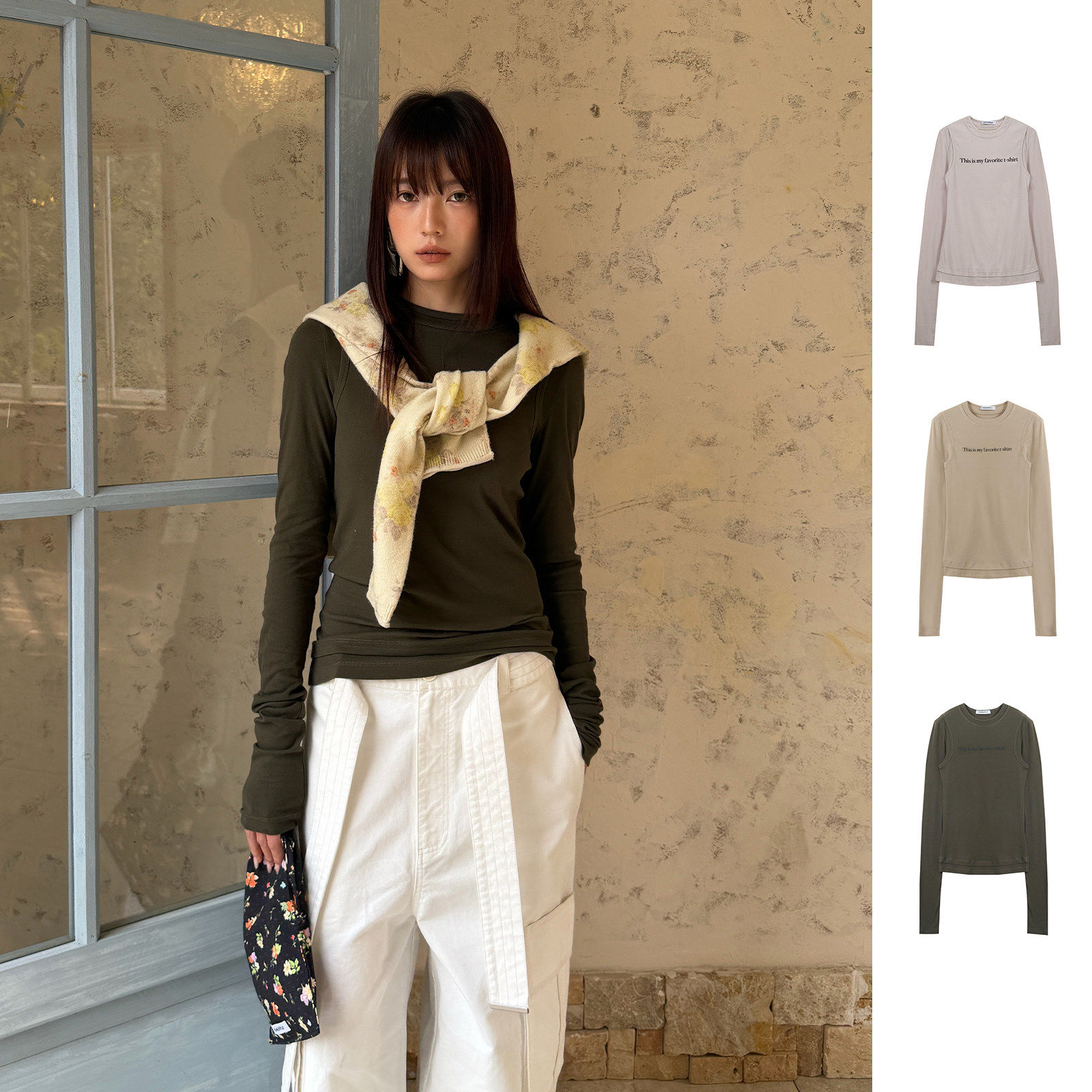 MOMENTPLAY 字母标语假两件长袖T恤休闲女 gogobuyer BY6M39023