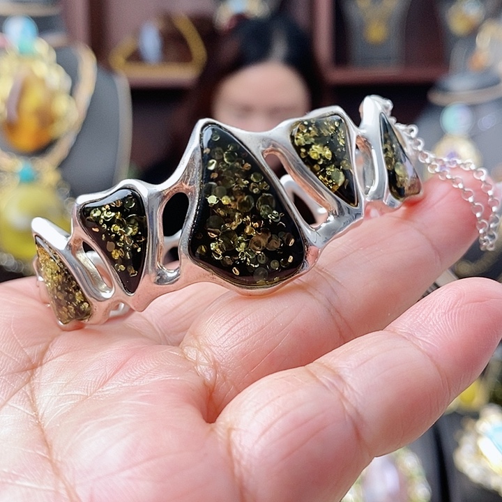 琥珀手镯银S925镶嵌手镯