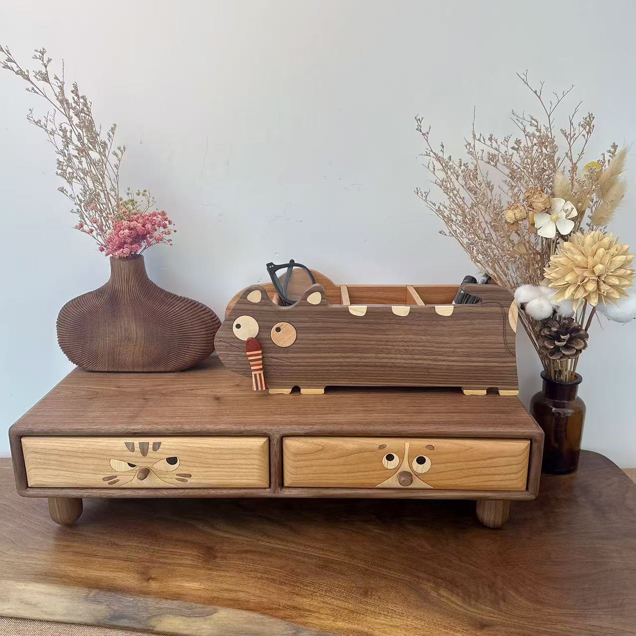 猫狗双全双抽黑胡桃原木抽屉柜樱桃木增高架 抽屉柜 收纳筐