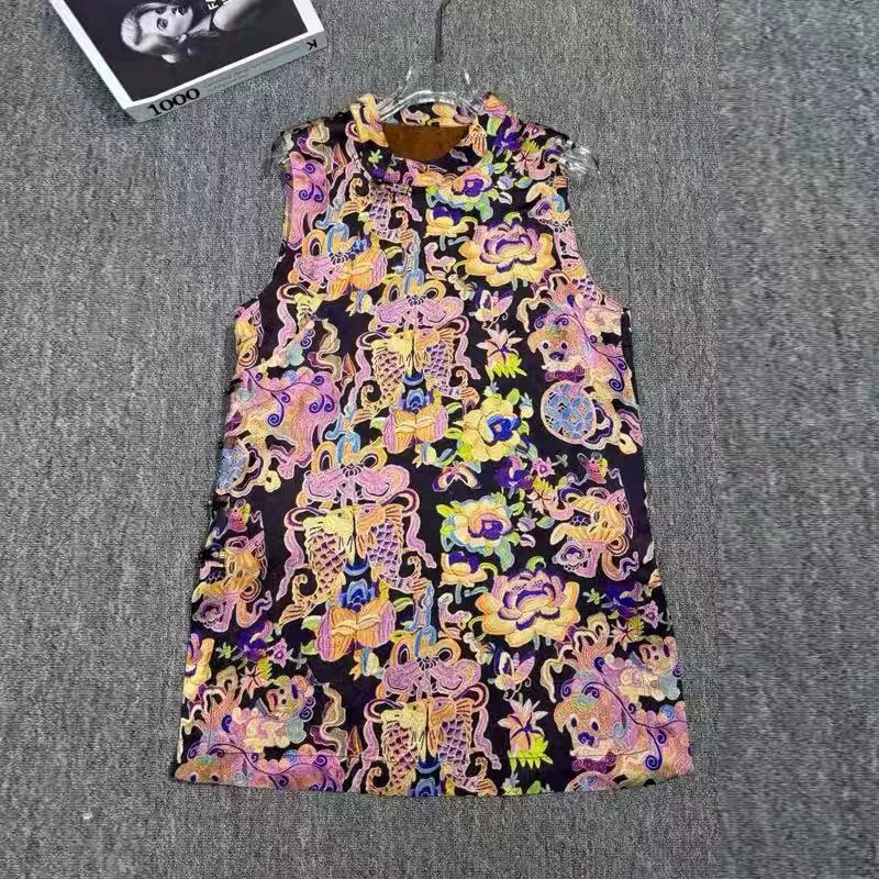 圆领提花宽松型时尚中式复古透气四季通用长款无袖奥黛