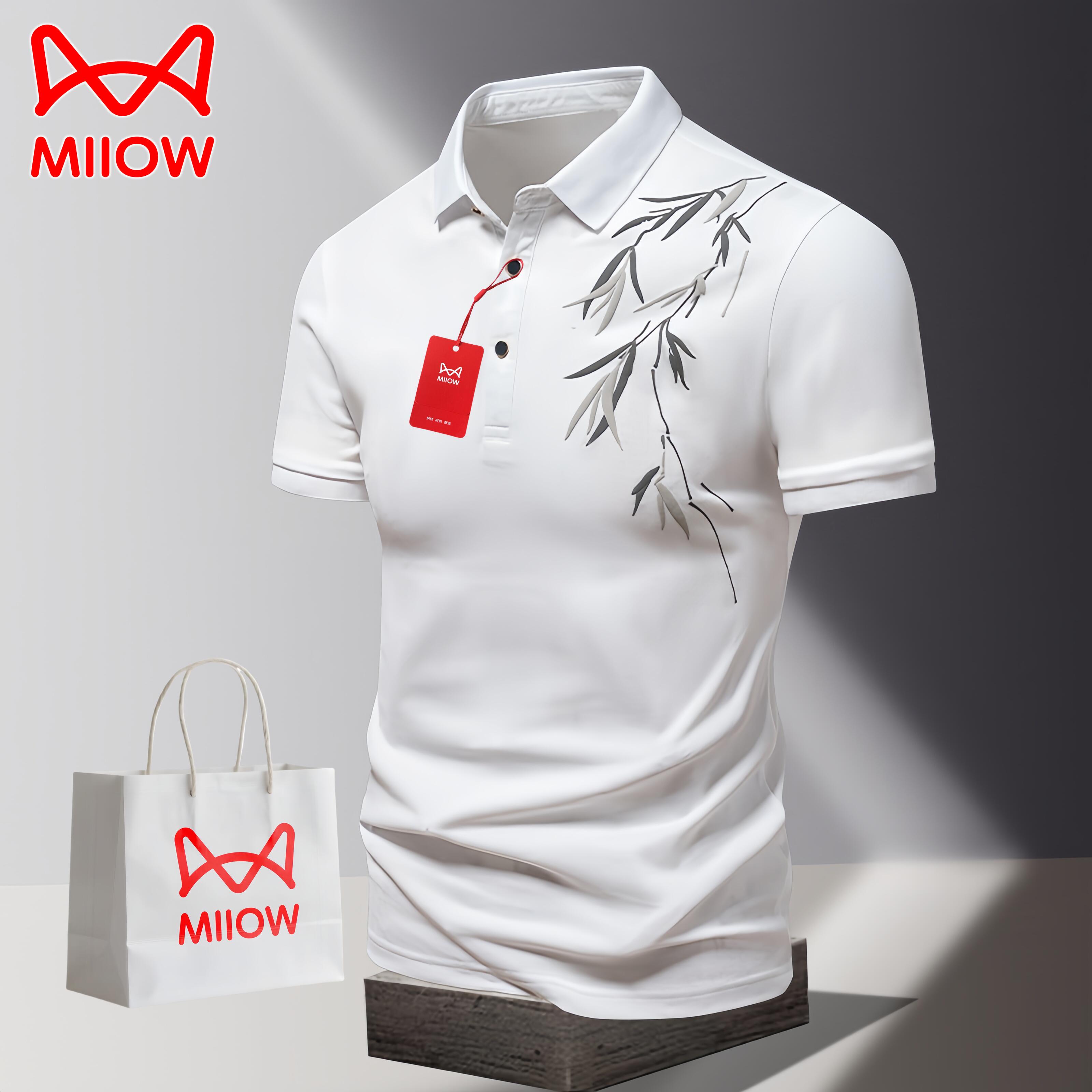 MiiOW/猫人高端男士爆款休闲T恤夏季国风竹叶刺绣翻领短袖POLO衫