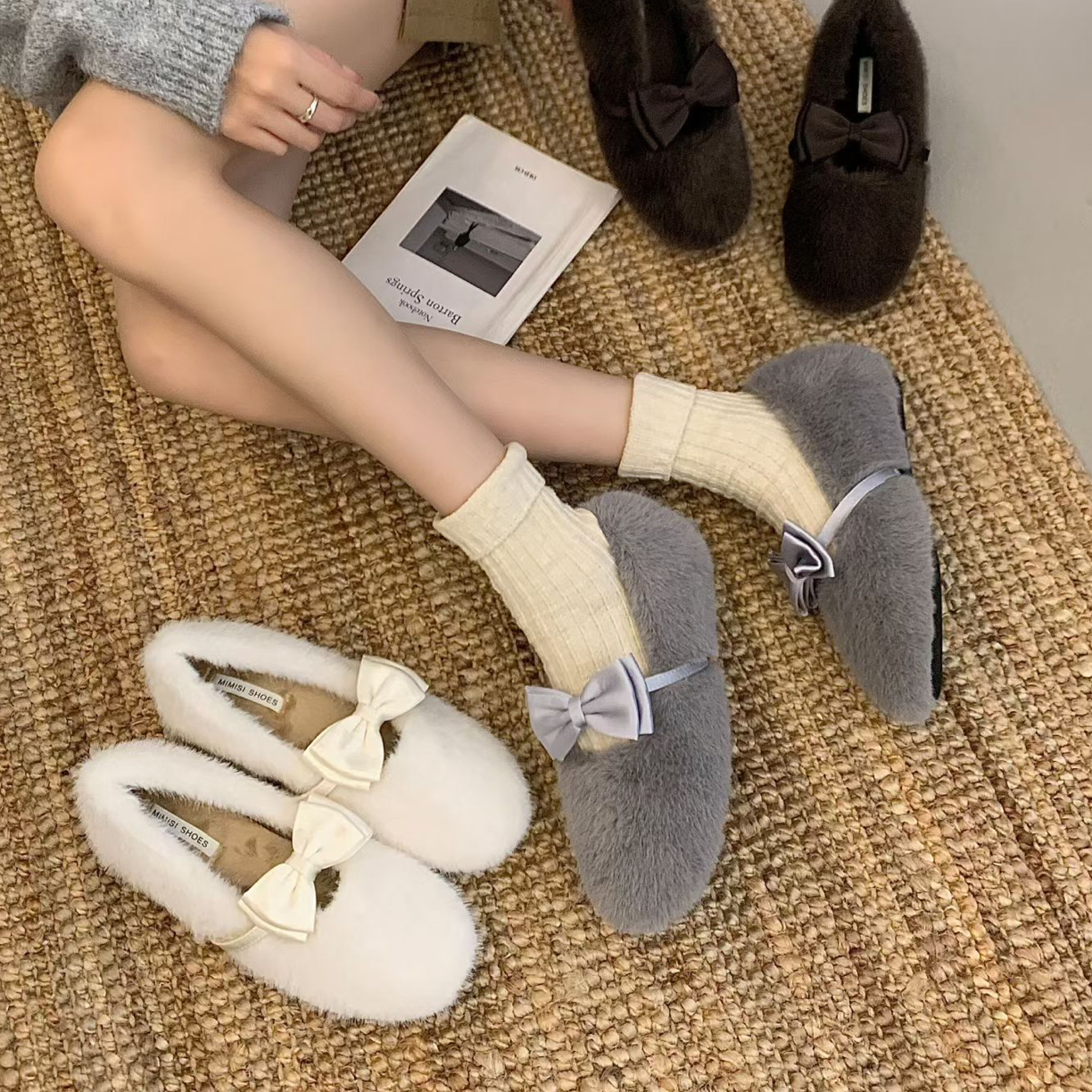 圆圆家 24A30-2 内增高！甜美可爱蝴蝶结毛毛鞋女鞋外穿冬加绒单鞋