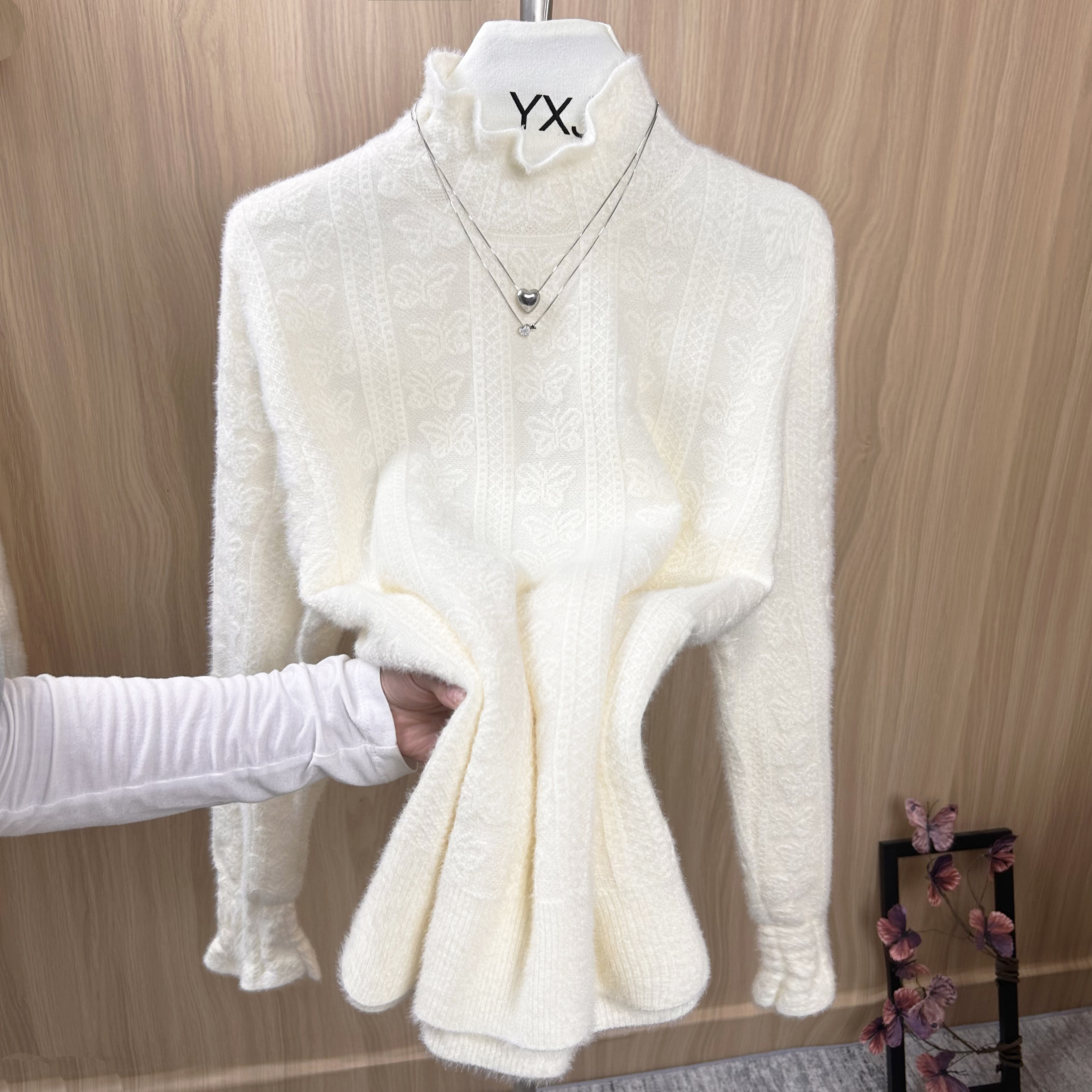 不起球加绒加厚针织打底衫女内搭上衣荷叶边半高领修身显瘦毛衣