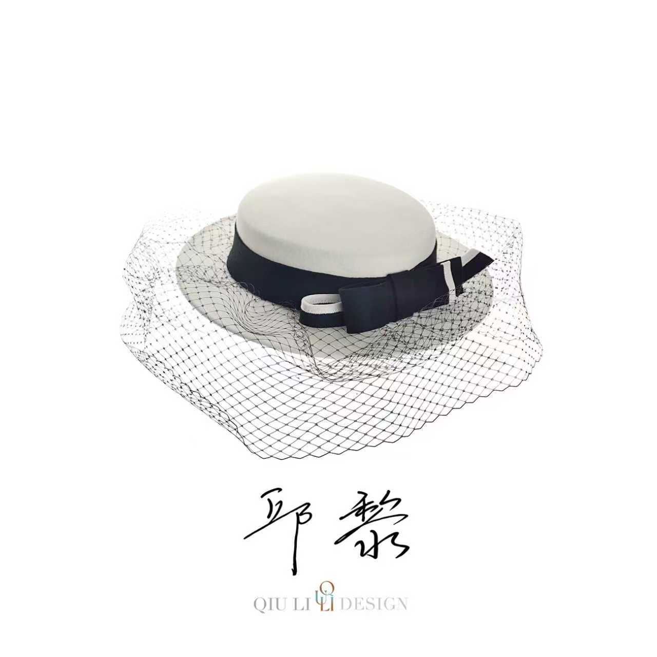 邱黎・ 秋冬新款羊毛网纱蝴蝶结织带平顶礼帽 1d2475