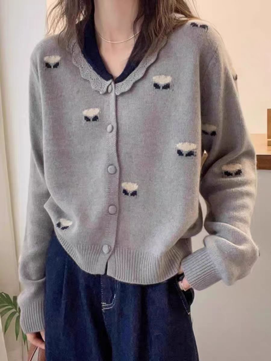 （女装）8357 设计感宽松圆领针织开衫韩版长袖毛针织衫毛衣