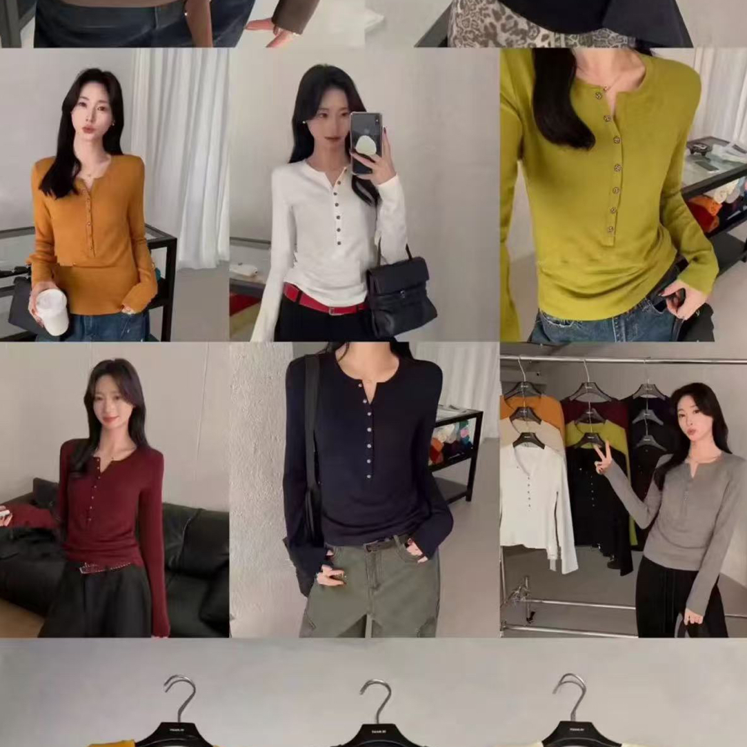 邹先森7898-29杭州品牌加绒纽扣长袖T恤修身打底衫内搭显瘦气质