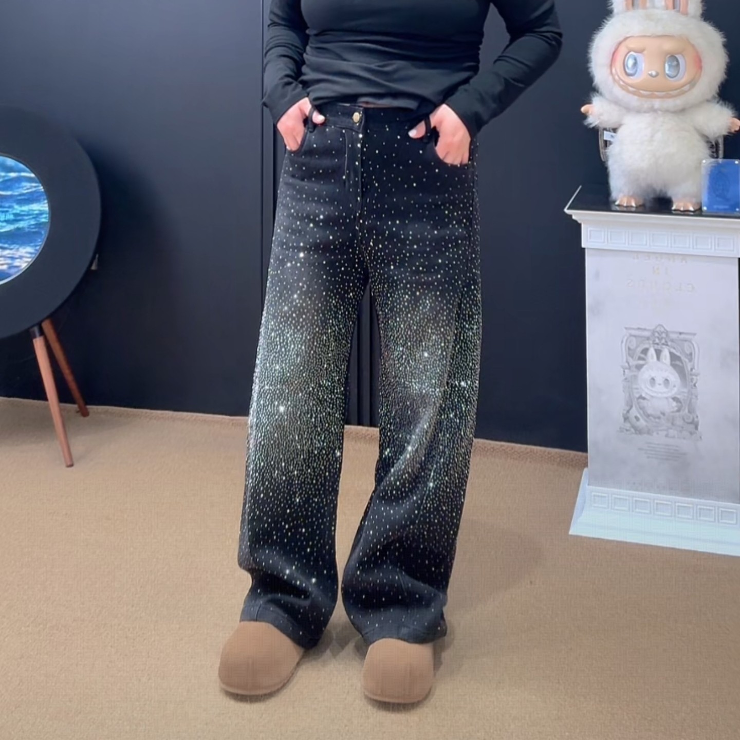 「涵涵家」复古烫钻璀璨满天星设计感加绒显瘦直筒牛仔裤女#9175
